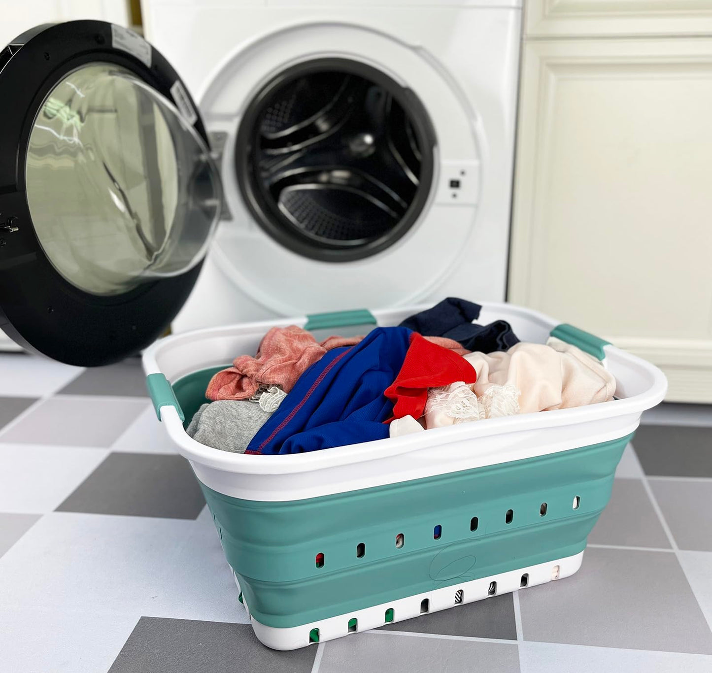 SAMMART 42L (11 gallon) Collapsible Plastic Laundry Basket - Foldable Pop Up Storage Container/Organizer - Space Saving Hamper/Basket (1, White/Celadon Green)