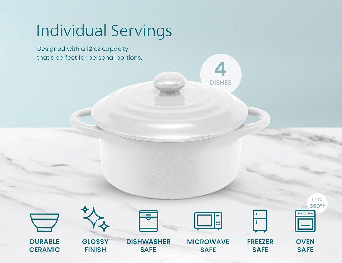 Kook Ceramic Mini Cocotte Set - Small Casserole Dishes with Lids | Oven Safe 350°F, 12 oz, Set of 4 (Swiss White)