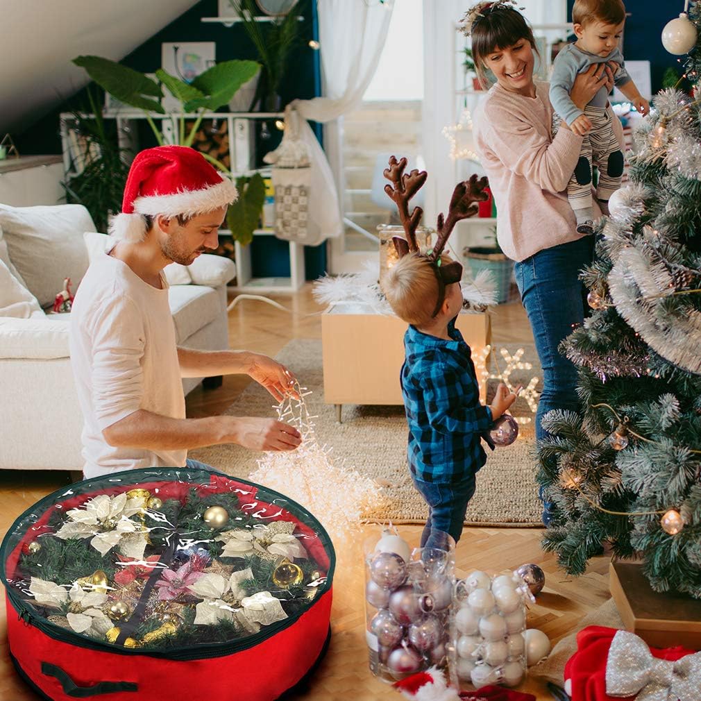 Primode Christmas Wreath Storage Bag 30" - Durable 600D Oxford Container with Clear Window for Easy Holiday Storage (Red)