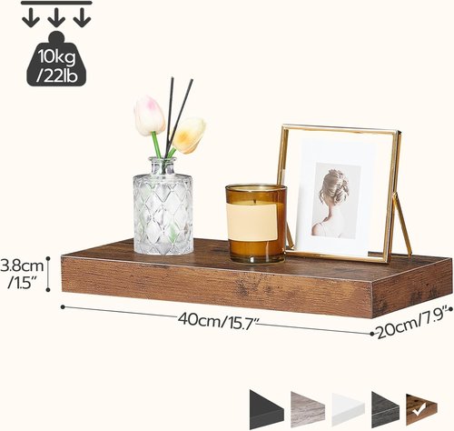 HOOBRO Floating Wall Shelves - Set of 2 Rustic Brown 15.7" Shelves with Invisible Brackets for Home & Office