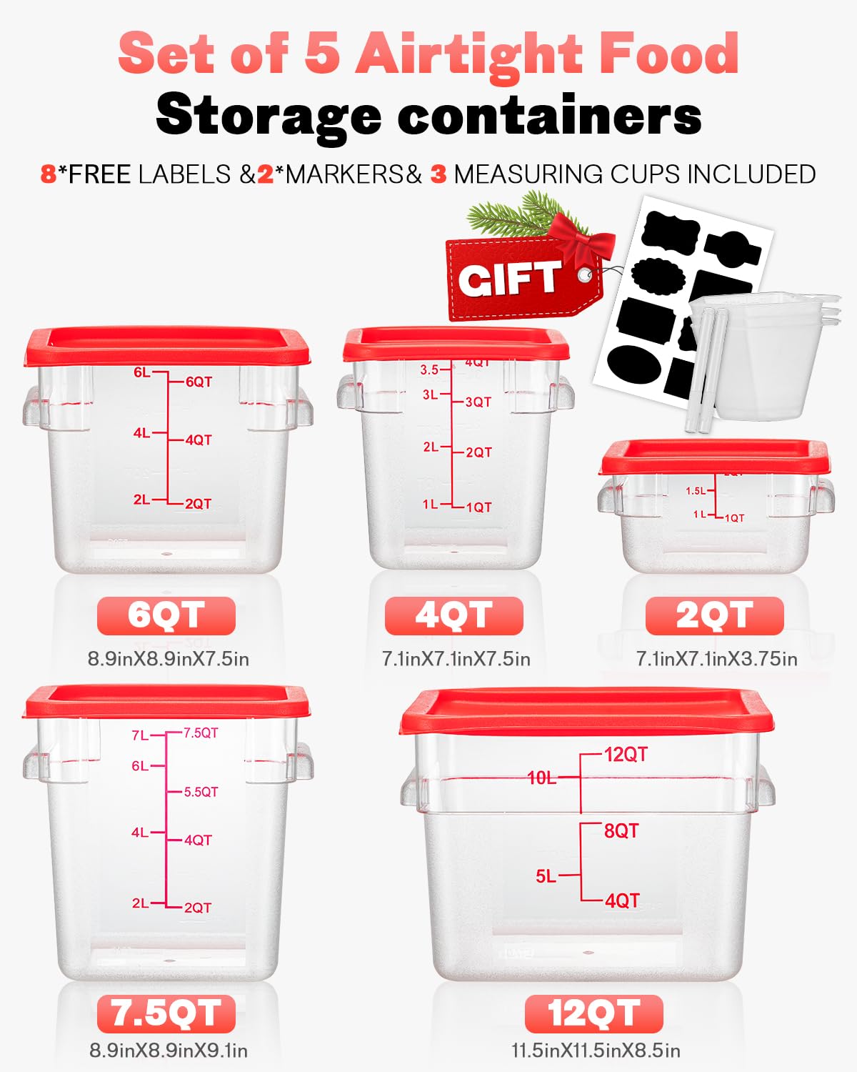 2QT4QT NSF Food Storage Containers: 8 PCS [Food Grade][Hot&Cold Resistant] Commercial Clear Square Food Storage Containers with Scales Handles for Home Restaurant Kitchen Proof Dough(BPA FREE-GREEN)