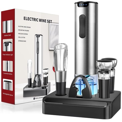 HomeHacks Electric Wine Opener, Automatic Wine Opener with Foil Cutter, Vacuum Stopper, Pourer, Rechargeable Wine Bottle Opener - Party Favor, Christmas Gift for Wine Lover
