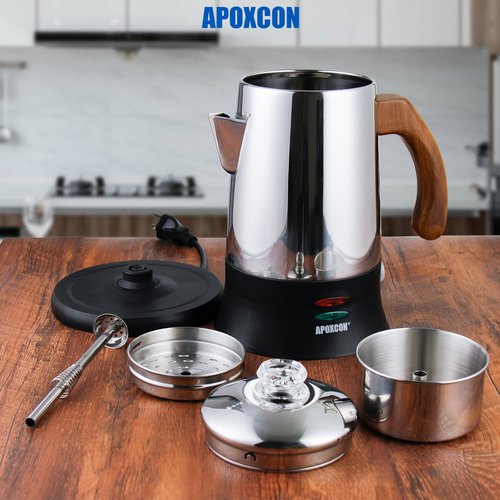 APOXCON Electric Coffee Percolator Stainless Steel Coffee Maker with Tough Glass Clear Brew Progress Knob & On/OFF Switch Keep Warm Cordless Serve for Home and Hotel Room Use Gift Box Packaging 6 Cup