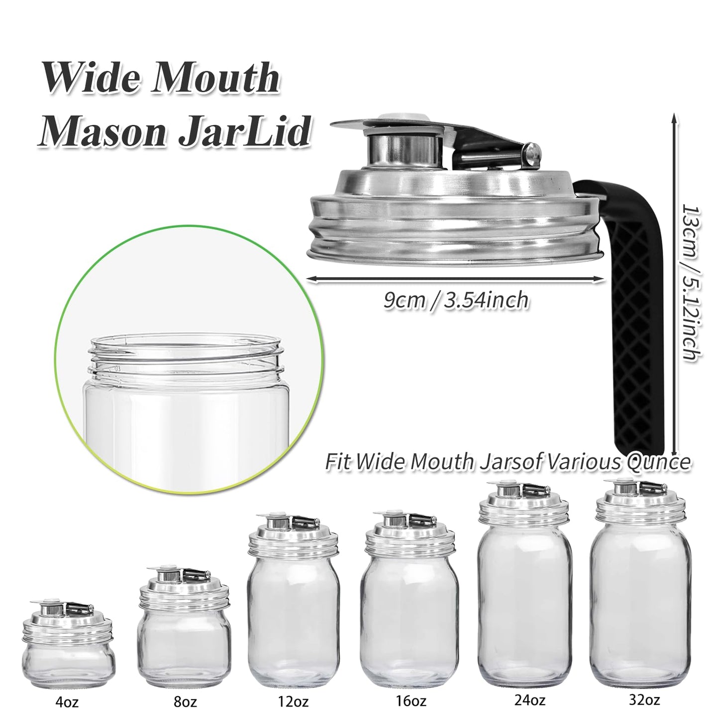 2PCS Mason Jar Pour Spout Lid Stainless Steel with Handle,Wide Mouth Pour Spout Flip Cap Lids for Mason Jars, Reusable Mason Jars Lid,Leak Proof Seal, for Drinking Salad Dressing & Food