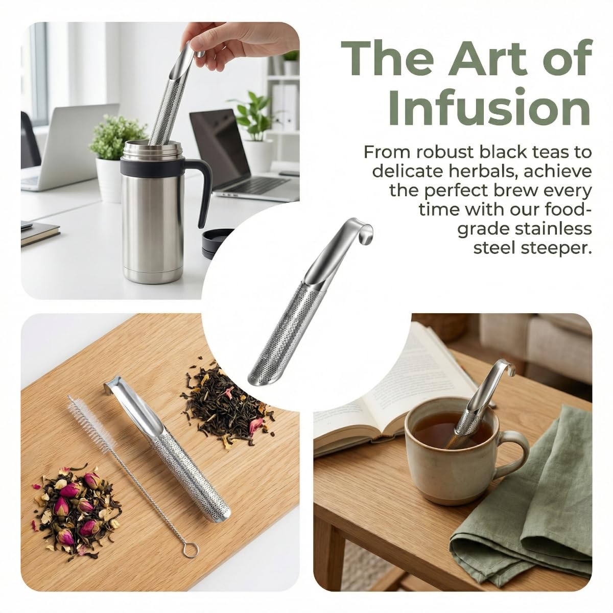 Tea Infusers For Loose Leaf Tea - Stainless Steel Office, Home & Travel - Set of 3 - Includes Strainers, Cleaning Brush