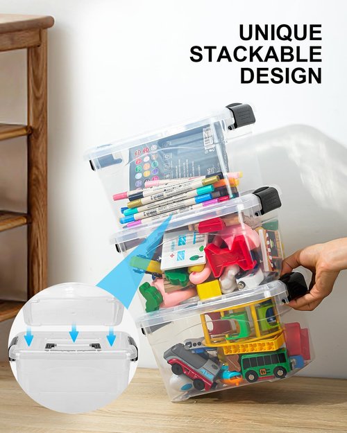 EOENVIVS Plastic Storage Bins - 7 Quart Stackable Organizer with Lids & Buckle-Up Latches | Clear, 6 Pack