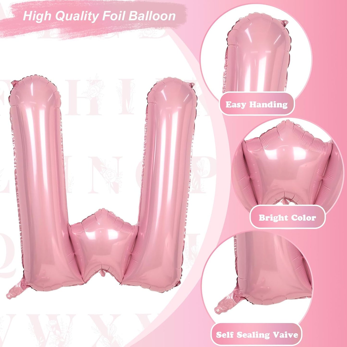 Skiennix 40-Inch Giant Pastel Pink Mylar Balloon - Self-Inflating Letter W for Birthday & Baby Shower Decor