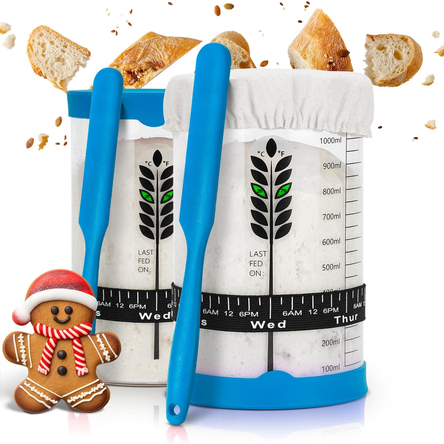 Sourdough Starter Jar Kit 2Pack, 40OZ Large Sourdough Starter Kit With Thermometer Strips & Scraper, Sourdough Bread Baking Supplies–A Perfect Sourdough Bread Starter Kit for Beginners to Expert(Blue)