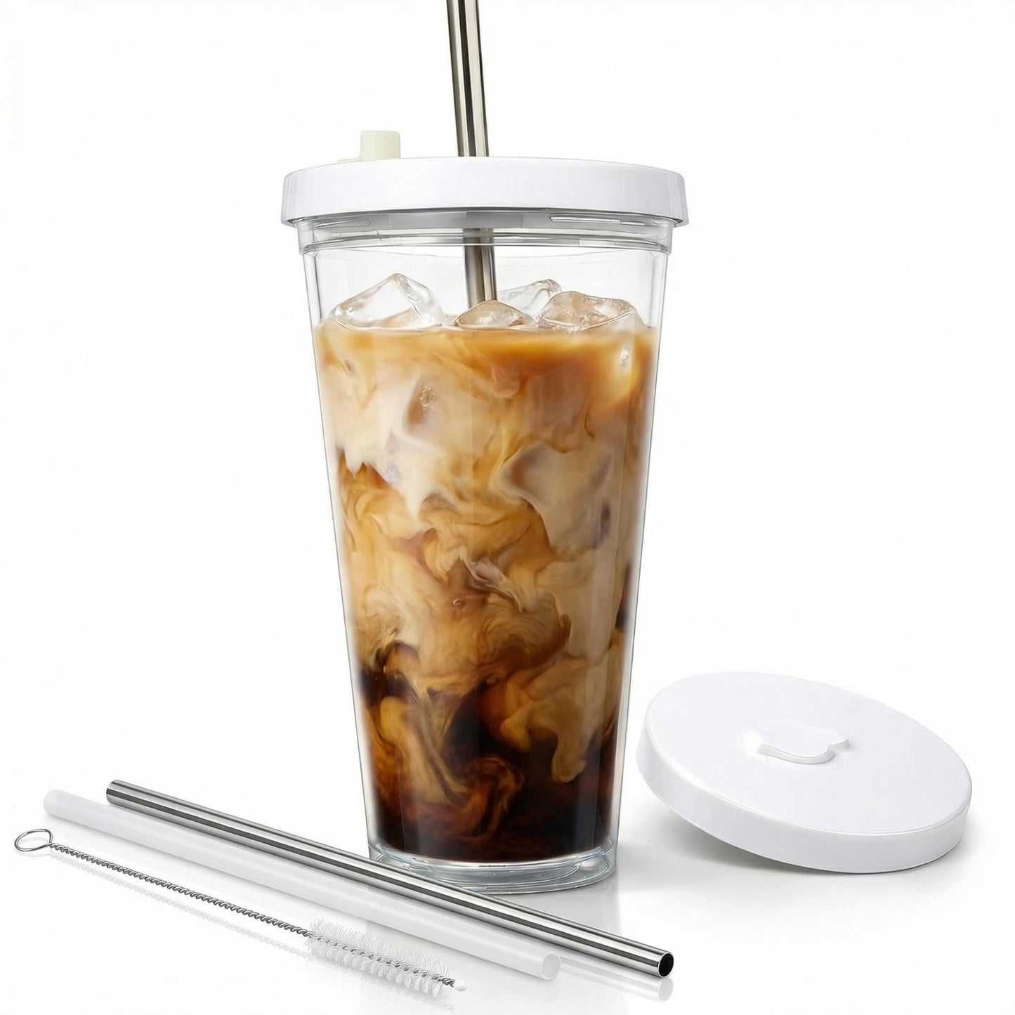 Kensal Home Reusable Iced Coffee Cup (24 Oz/Venti), Leak Proof and Double Wall Insulated Iced Coffee Tumbler, Come with Reusable Plastic and Metal Straws and Straw Cleaner - White