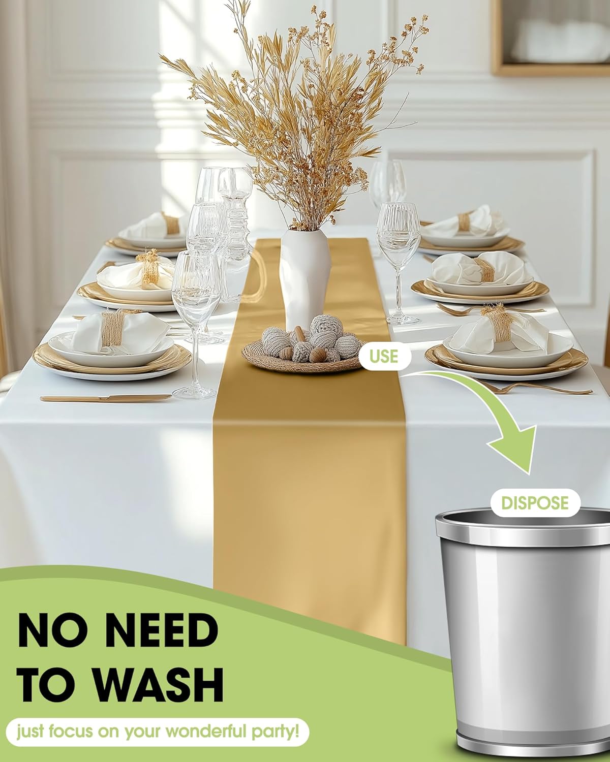 Pureegg Gold Plastic Table Runners - 10 Pack, 14'' x 108'', Water-Resistant & Disposable for Weddings, Parties, & Home Decor