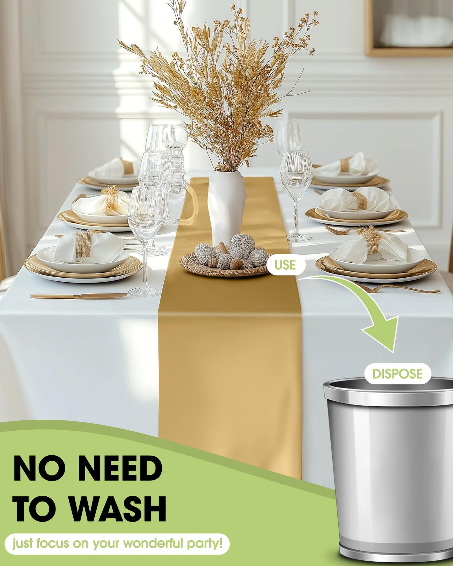 Pureegg Gold Plastic Table Runners - 12 Pack, 14'' x 108'', Water Resistant & Disposable Centerpiece Decorations for Table Cloth, Wedding, Birthday, Holiday, Baby Shower, Party, Home Decor