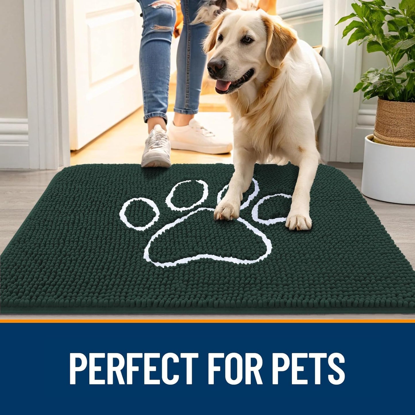 OLANLY Dog Door Mat - Absorbent Non-Slip Mud Mat for Muddy Paws | 40x32, Blackish Green, Quick Dry Chenille
