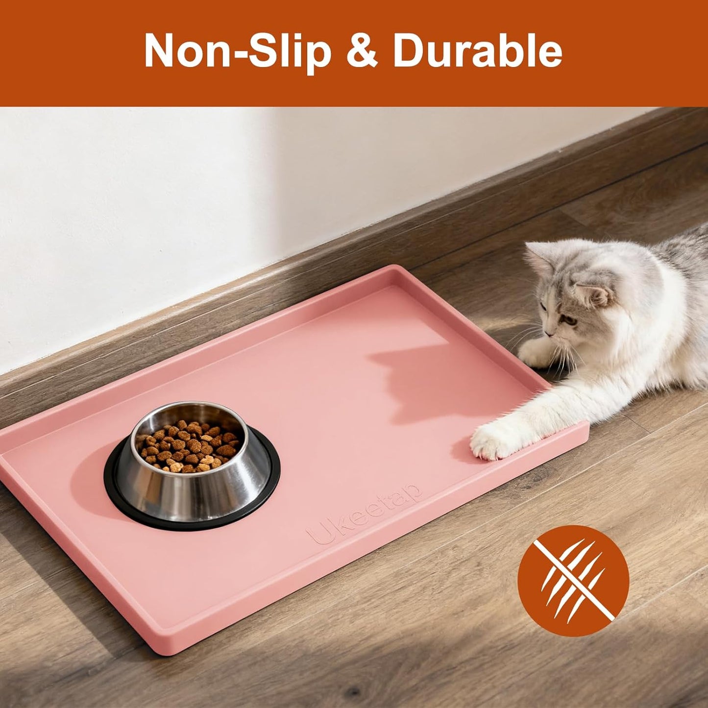 Ukeetap Extra Thick Silicone Dog & Cat Food Mat - Waterproof, Non-Slip, 19” x 12”, Pink
