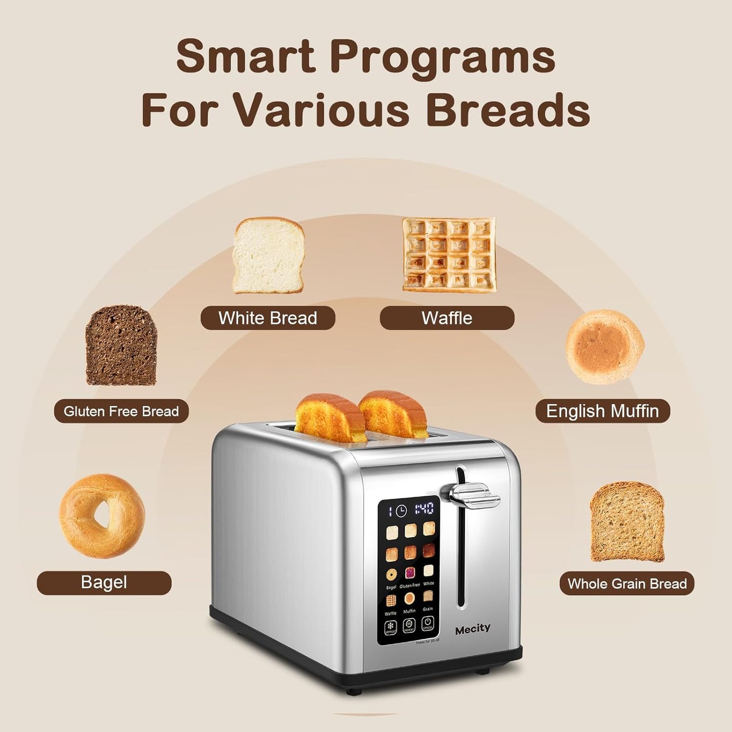 Mecity 2-Slice Stainless Steel Toaster - Touch Screen, 1.5" Wide Slots, Timer & Defrost Function