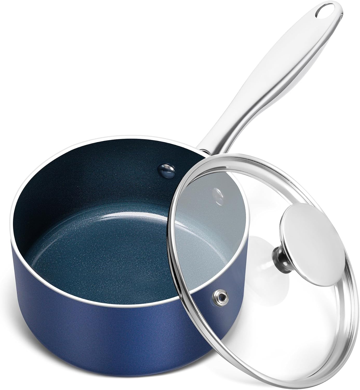 Michelangelo Nonstick Ceramic Saucepan - 1 Quart with Lid & Stainless Steel Handle - Blue
