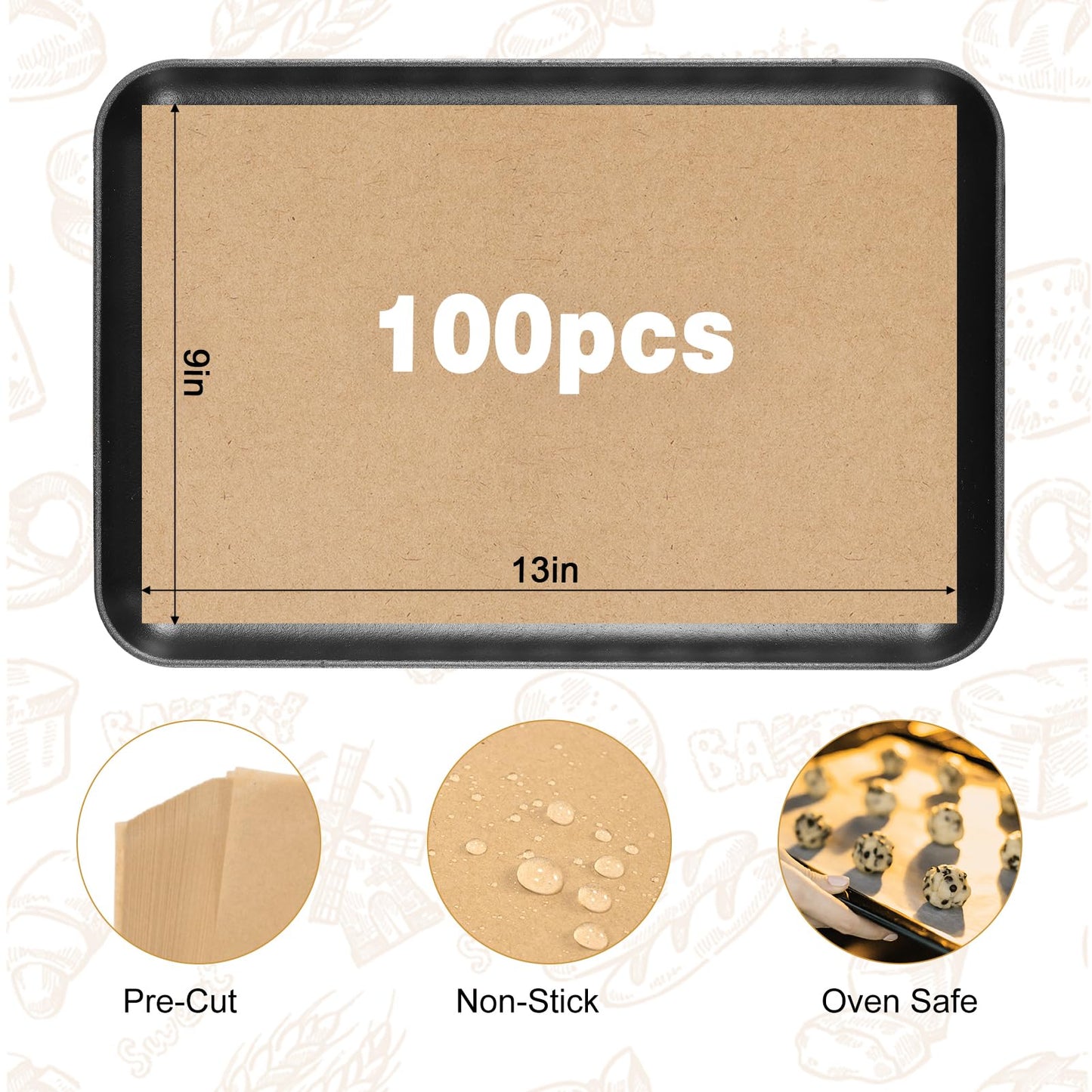 FOXYAEO 100 PCS Unbleached Parchment Paper 23cm X 33cm baking paper, air fryer paper, nonstick baking sheets, high temperature and oil resistant, suitable for baking, oven, air fryer and more