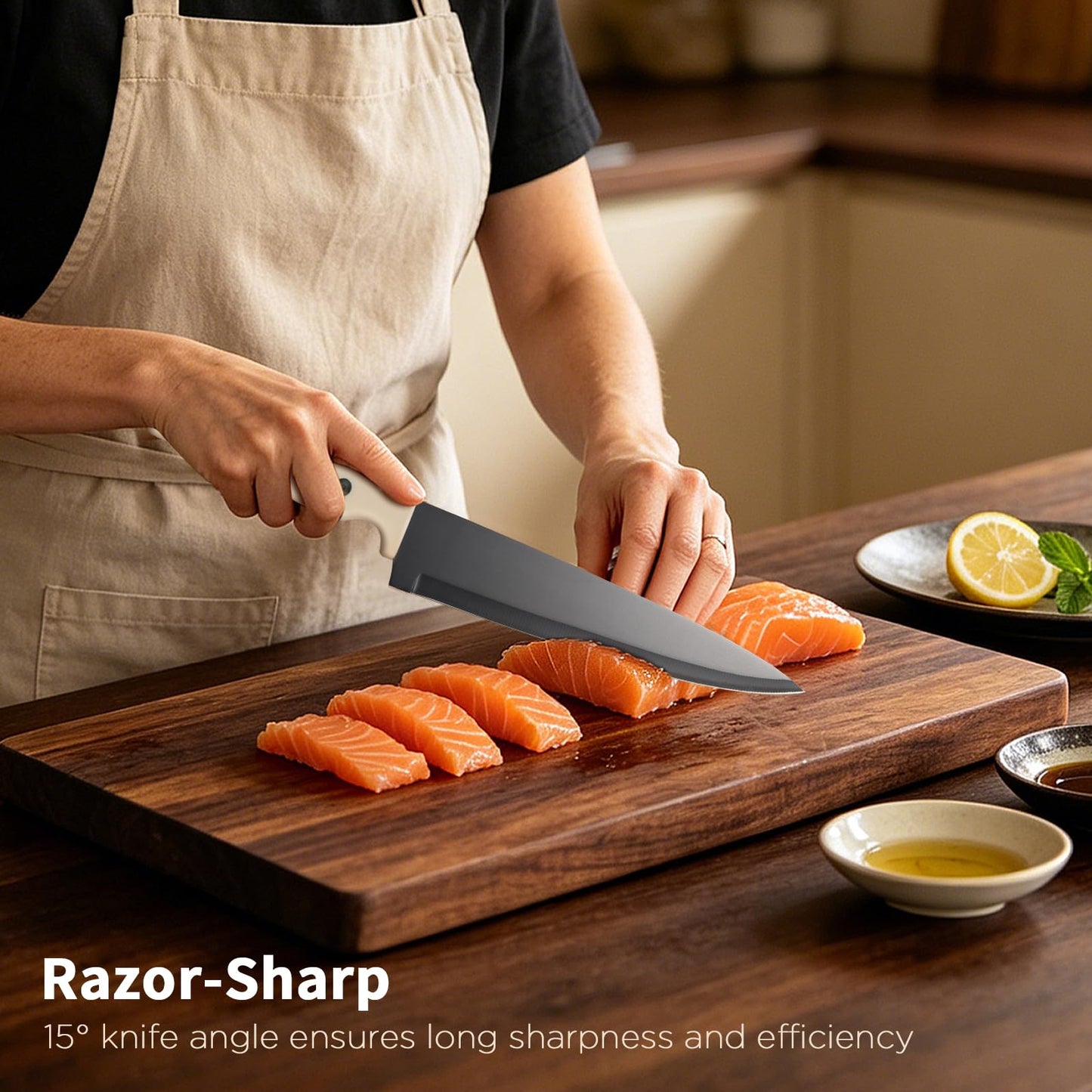 CuCut 12-Piece Kitchen Knife Set, Nonstick Coating Chef Knives Set with 6 Blade Guards, Double Rivets, Dishwasher Safe, High Carbon Stainless Steel Blades for Cooking, Cutting, Chopping