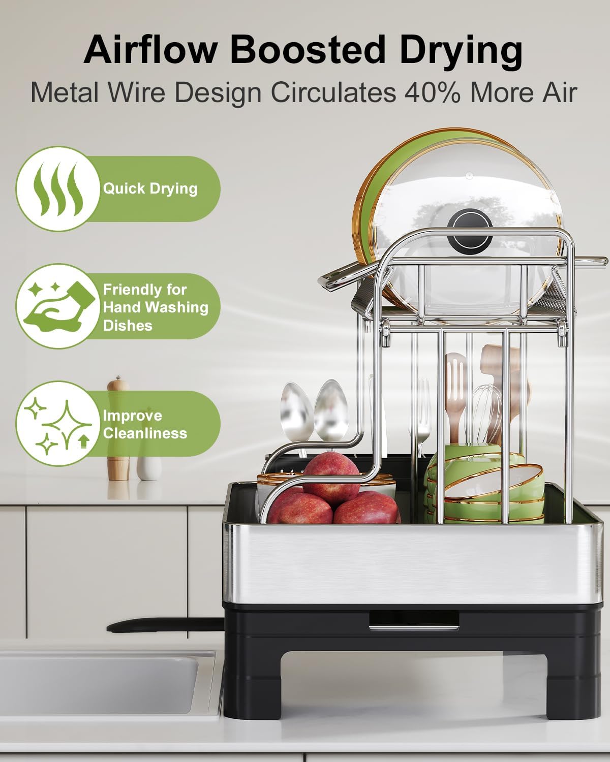 Skiennix Extra Large Stainless Steel Dish Drainer - Modern Black & Silver, Rust Proof, Space Saving Design