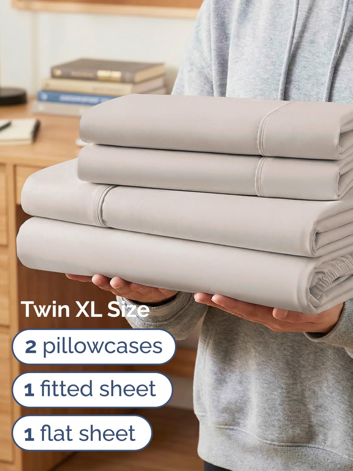 Skiennix Extra Deep Twin XL Sheet Set | 4-Piece Breathable Cooling Bedding - Soft, Wrinkle-Free Light Grey