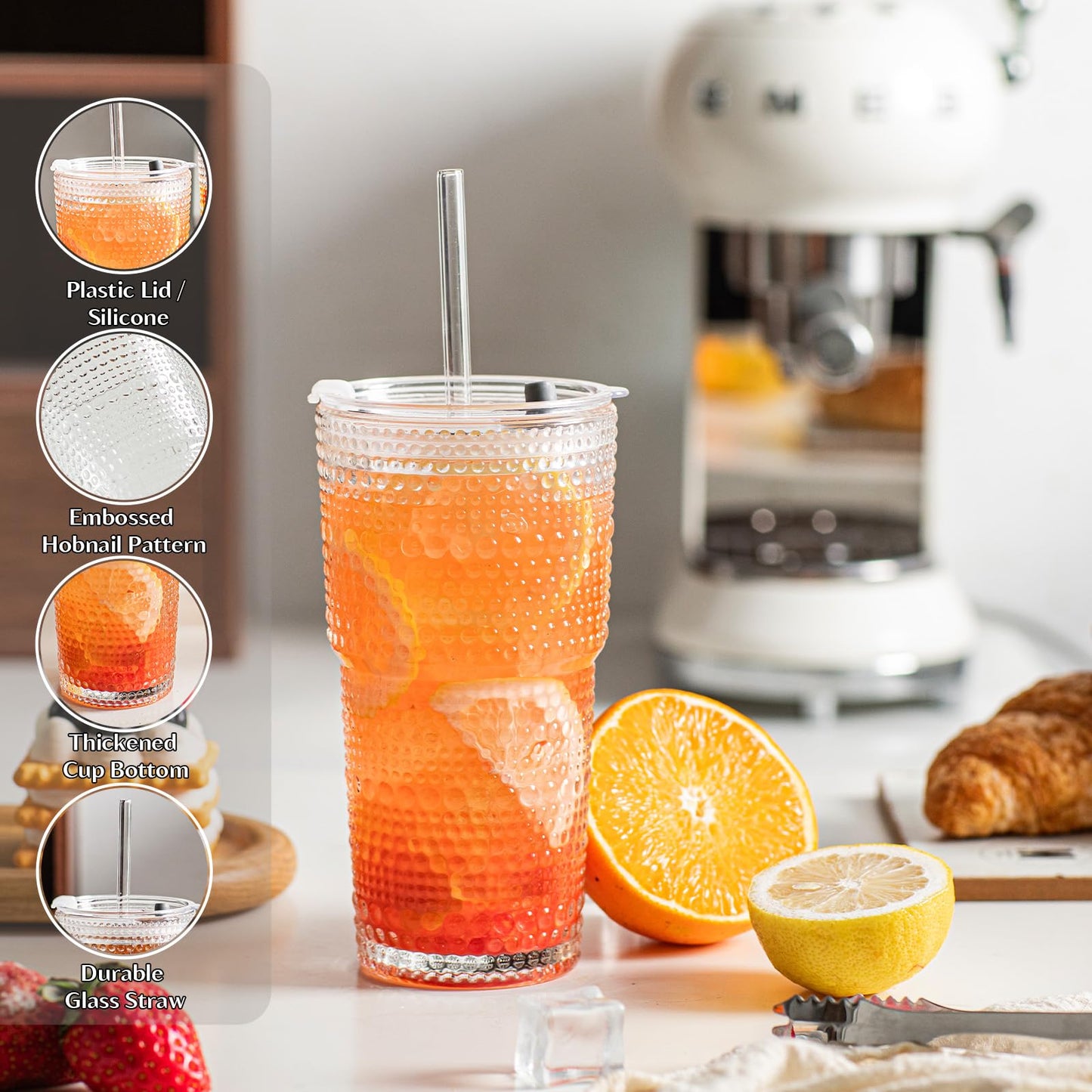 INSETLAN 20oz Hobnail Glass Cups with Lids and Glass Straws – 4 Pieces, Thick-Walled Glass Tumblers for Iced Coffee, Smoothies, Milk, Water, Juice, and More – Elegant and Durable Drinking Glasses