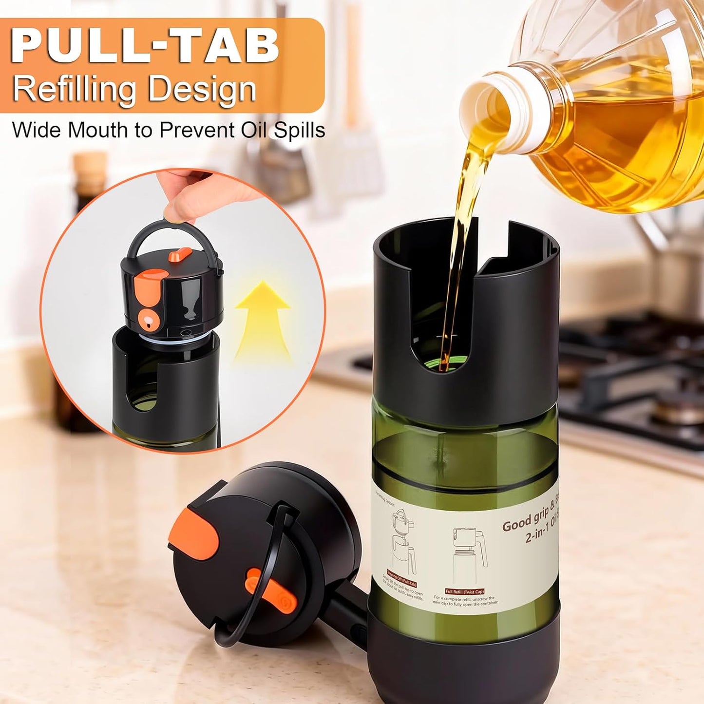 Skiennix 2-IN-1 Oil Sprayer - Light-Blocking Dark Glass Olive Oil Dispenser | 500ml for Cooking & BBQ