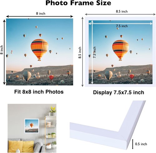 JCJMY 8x8 Picture Frame - White Wall Hanging & Tabletop Display | Durable Shatter-Resistant Plexiglass