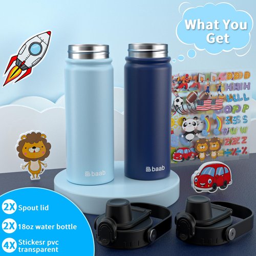 baab 18oz Kids Water Bottle, Insulated Kids Water Bottle with Lockable Spout Lid & Stickers, 18/8 Stainless Steel Vacuum Leakproof Kid Water Cup with Handle for School (Navy Blue+Light Blue, 2 Pack)