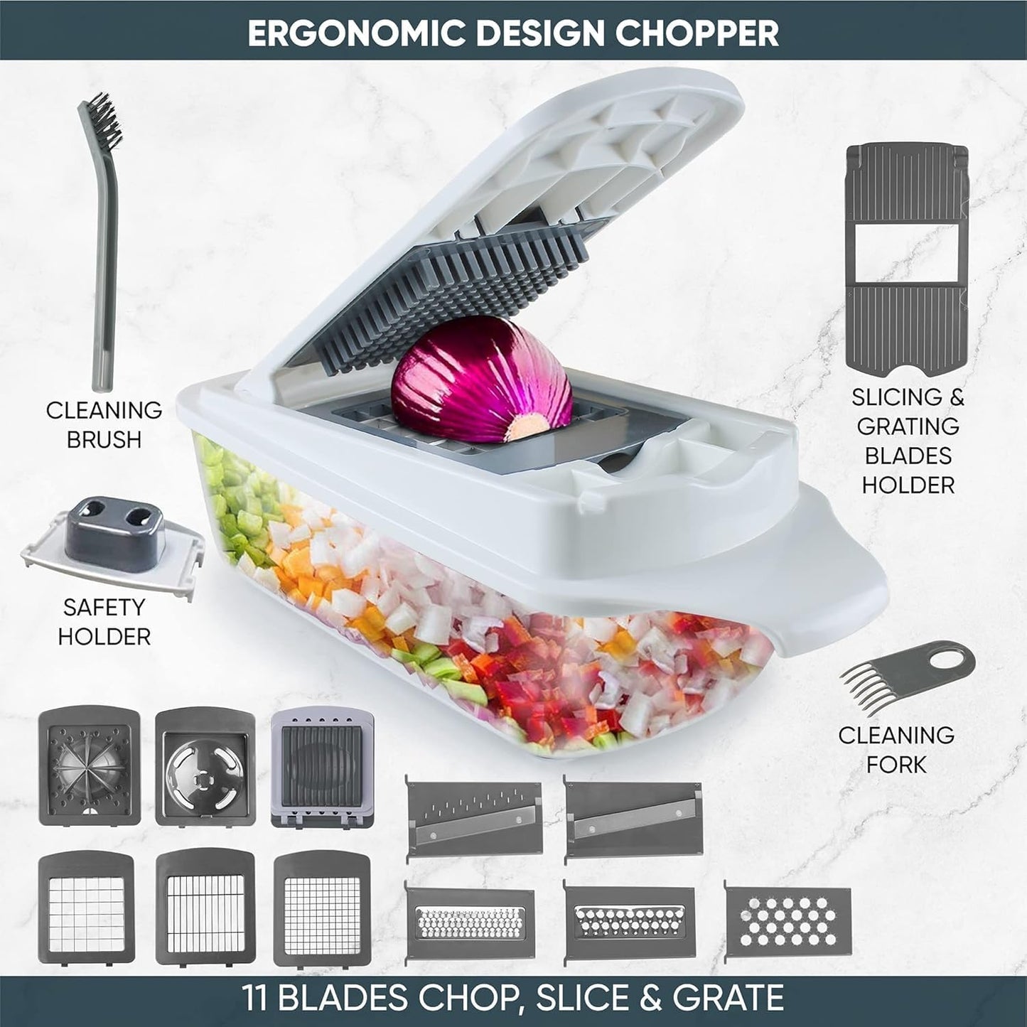 RüK Vegetable Chopper - 22-in-1 Multi-Function Mandoline Slicer with 11 Blades & Lemon Squeezer | Perfect for Onions, Tomatoes, and More