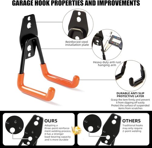Garage Hooks by [Brand Name] - Heavy Duty 7.7-Inch Large Square Wall Hooks for Ladders, Bikes & Tools | 4 Pack, Black