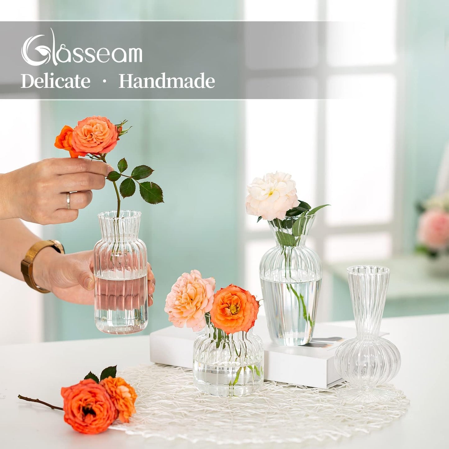 Modern Clear Glass Bud Vase Bulk Set: Glasseam 16Pcs Small Mini Flower Centerpieces Vases Handmade Decorative Cute Short Window Corner Home Decor for Wedding Reception Dining Table Single Rose