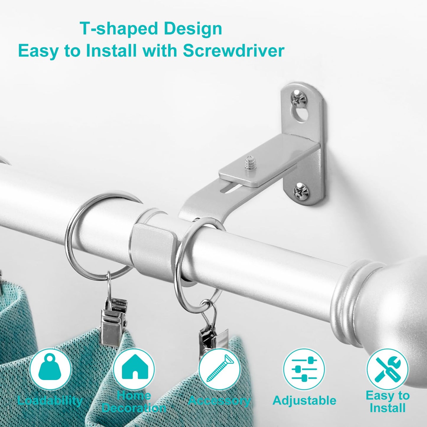 AMZSEVEN Adjustable Curtain Rod Brackets, Metal Window Drapery Rod Hanger Holders Hooks for 1 inch Rods (Satin Silver, Set of 2)