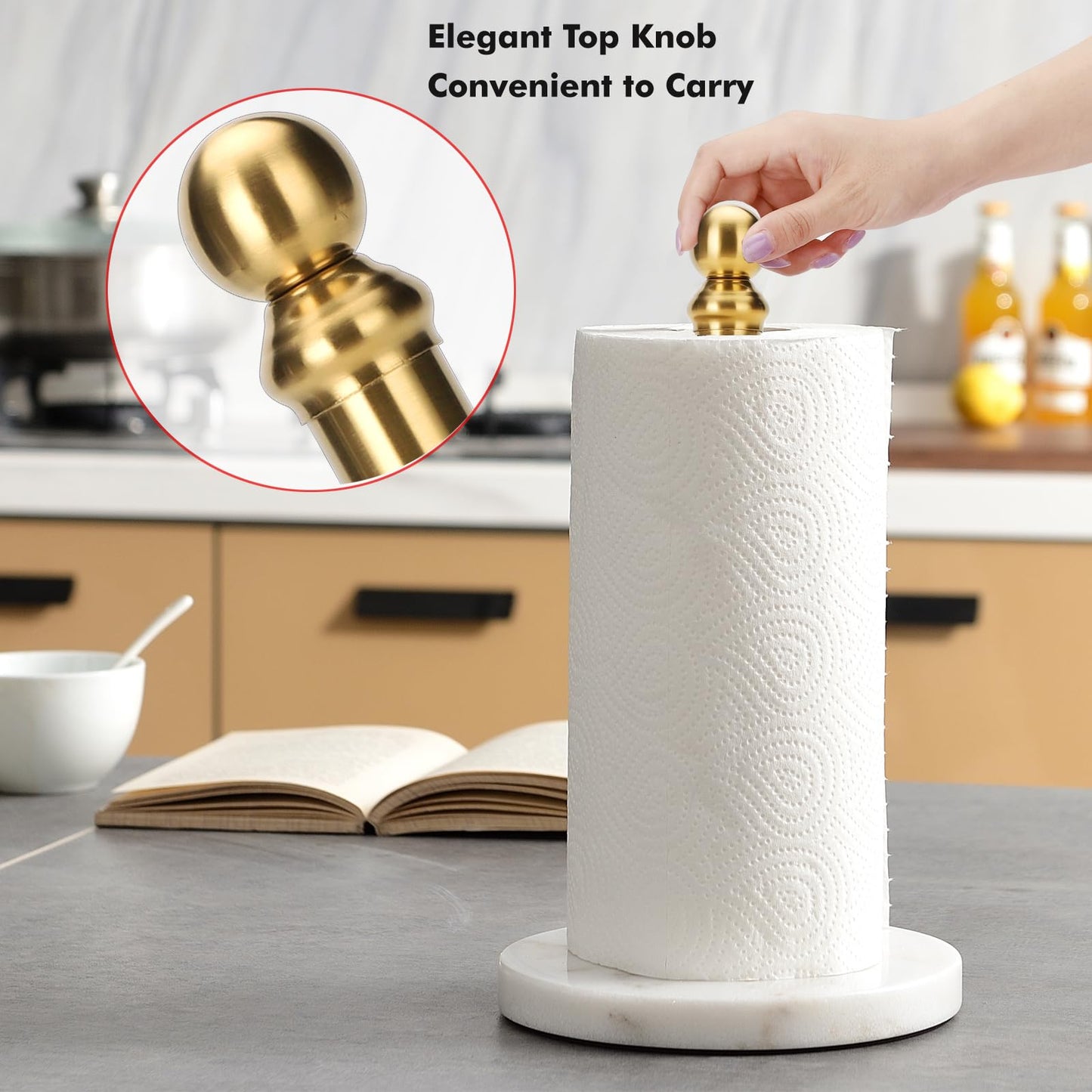 Exilon Gold Paper Towel Holder Countertop, Standing Paper Towel Roll Holder for Kitchen Bathroom, with Weighted Base for One-Handed Operation