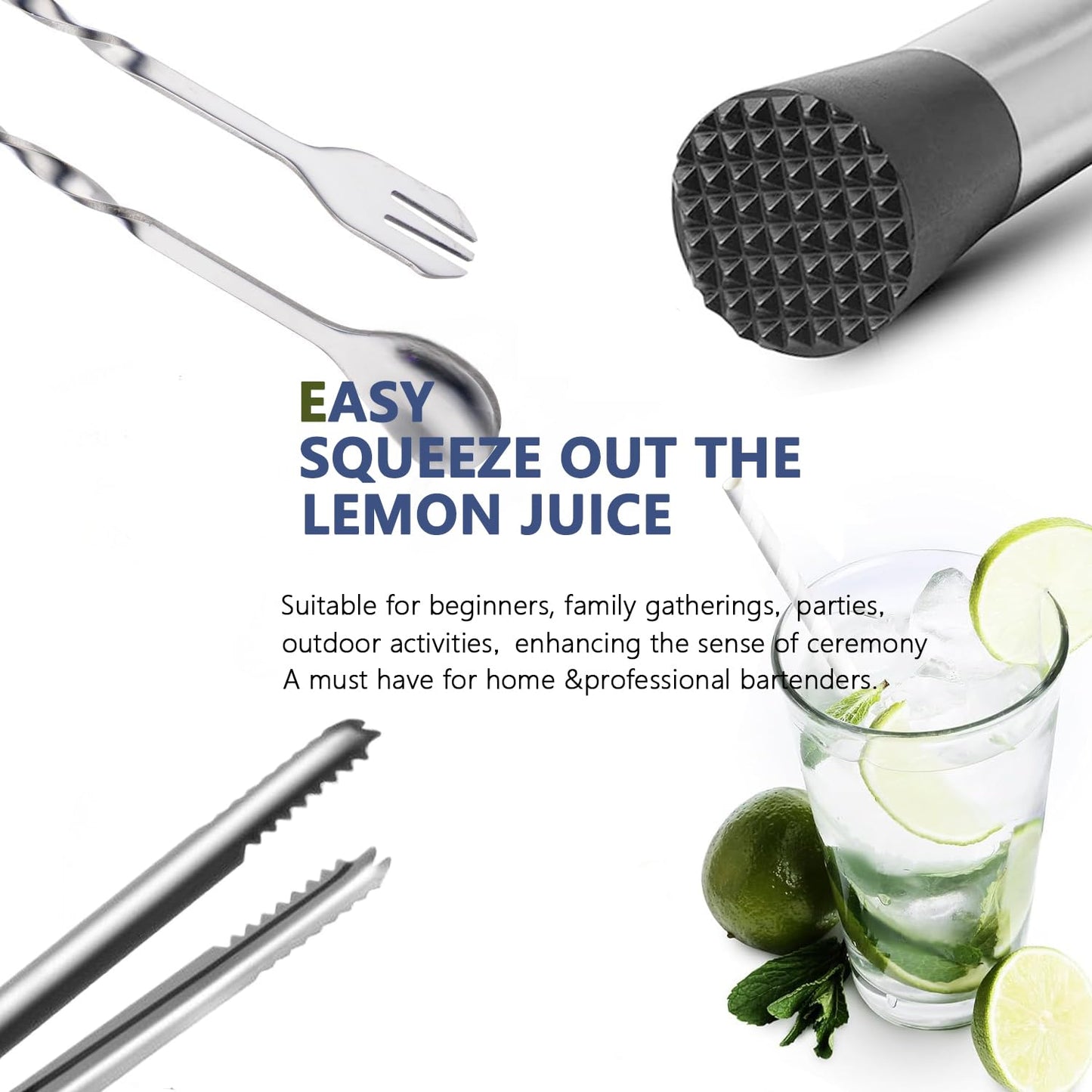 Muddler for Cocktails,10" Bar Spoon & Ice Tongs with Serrated Tip, 3PcsStainless Steel Bar Tools Set for Mojitos, Lemonade, Fruit Drinks, Home PartyBar Accessories