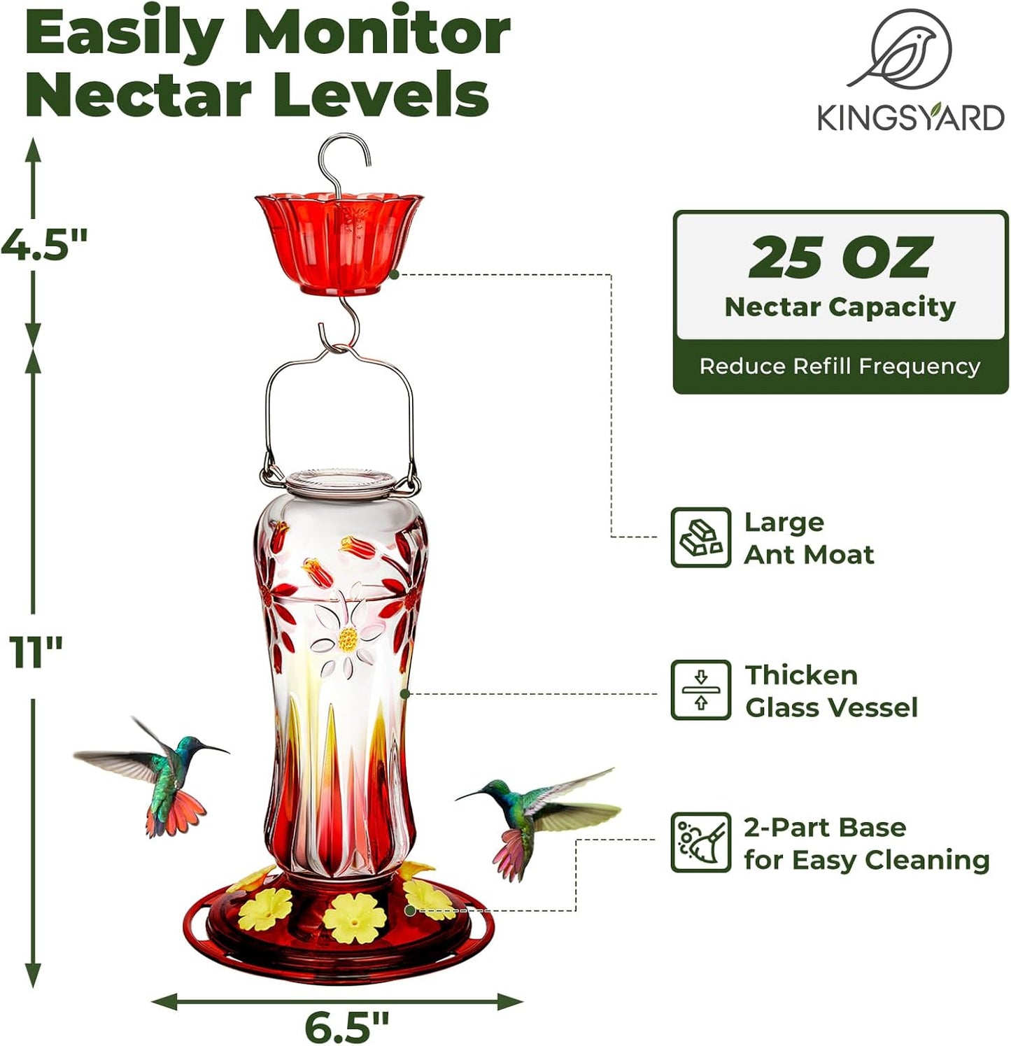 Kingsyard Hummingbird Feeder - 25 oz Leak-Proof Design with Ant Moat & 6 Bee-Proof Ports | Red