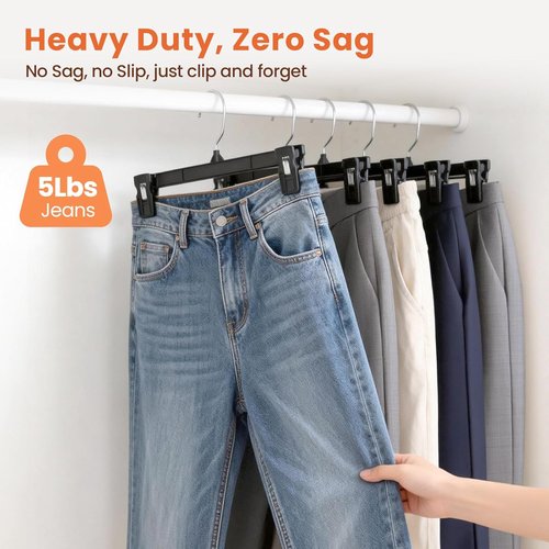 HOUSE DAY Pants Hangers - 10 Pack Non-Slip Clips for Shorts, Jeans & Slacks - Durable & Space-Saving Black - 12 Inch