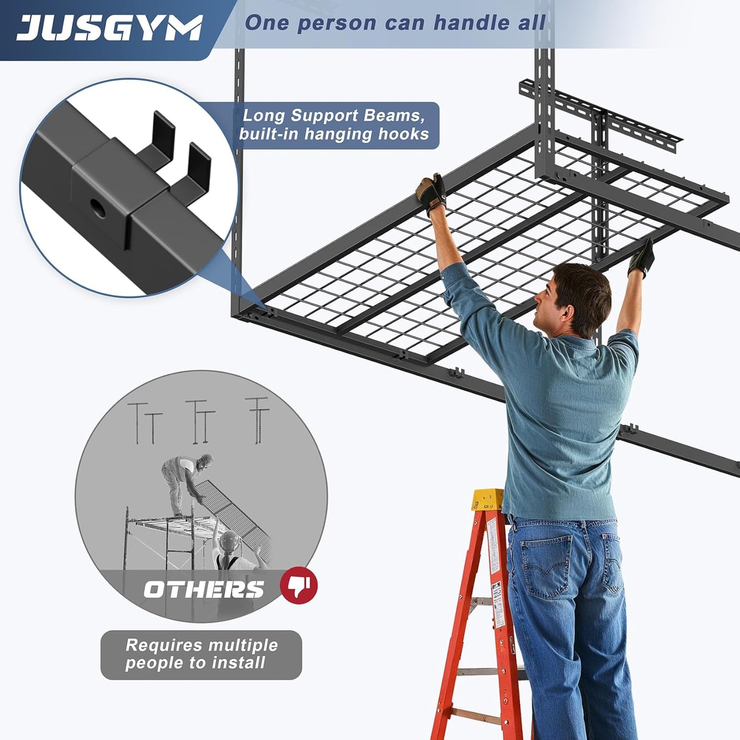 Jusgym Overhead Garage Storage Rack - Height Adjustable 26"-40" | Heavy Duty Metal, 750LBS Capacity