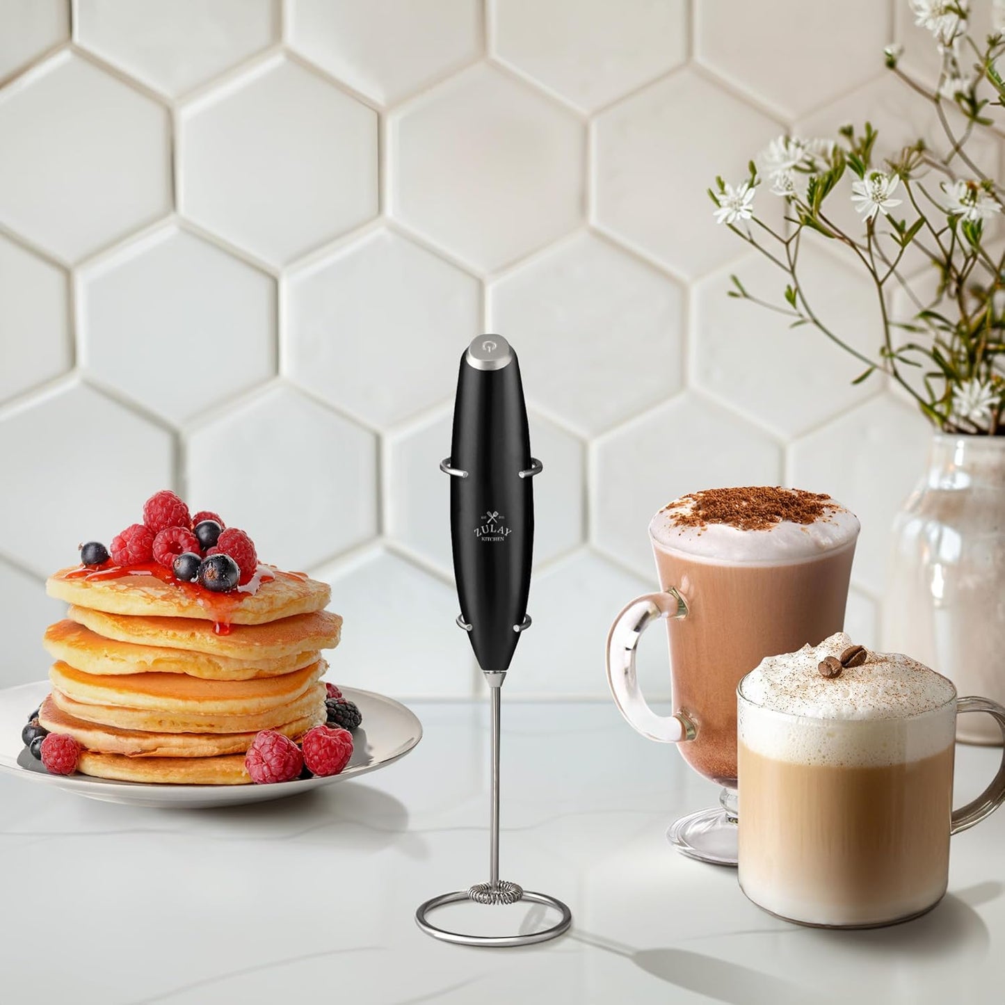 Zulay Kitchen Milk Frother Wand - Ultra-Fast Handheld Drink Mixer with 4 AA Duracell Batteries | Metallic Black