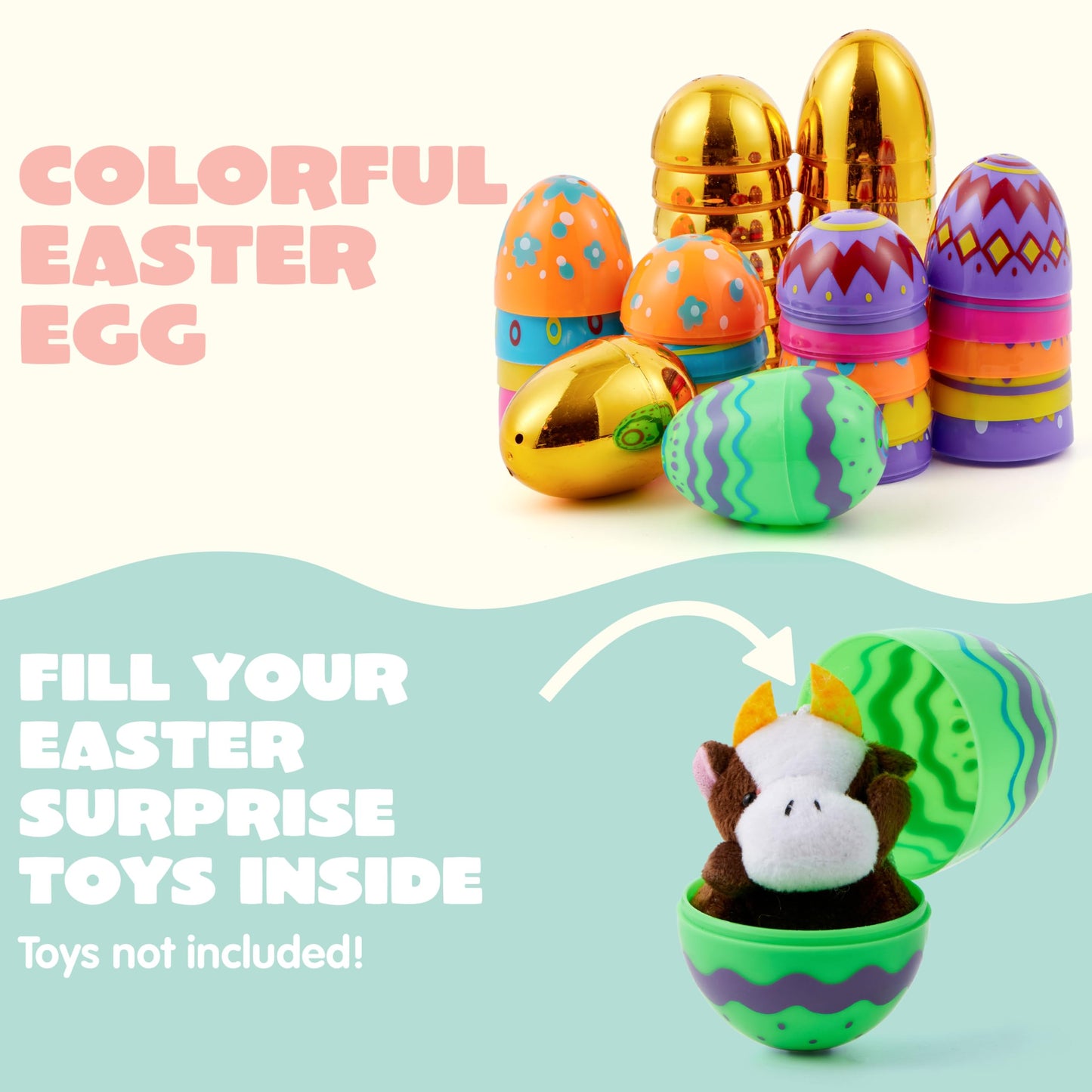 JOYIN 64 Pcs 3.15" Colorful Printed Eggs Include 8 Golden, Plastic Fillable Empty Eggs for Easter Hunt, Basket Stuffer Filler, Classroom Prize, Party Favors