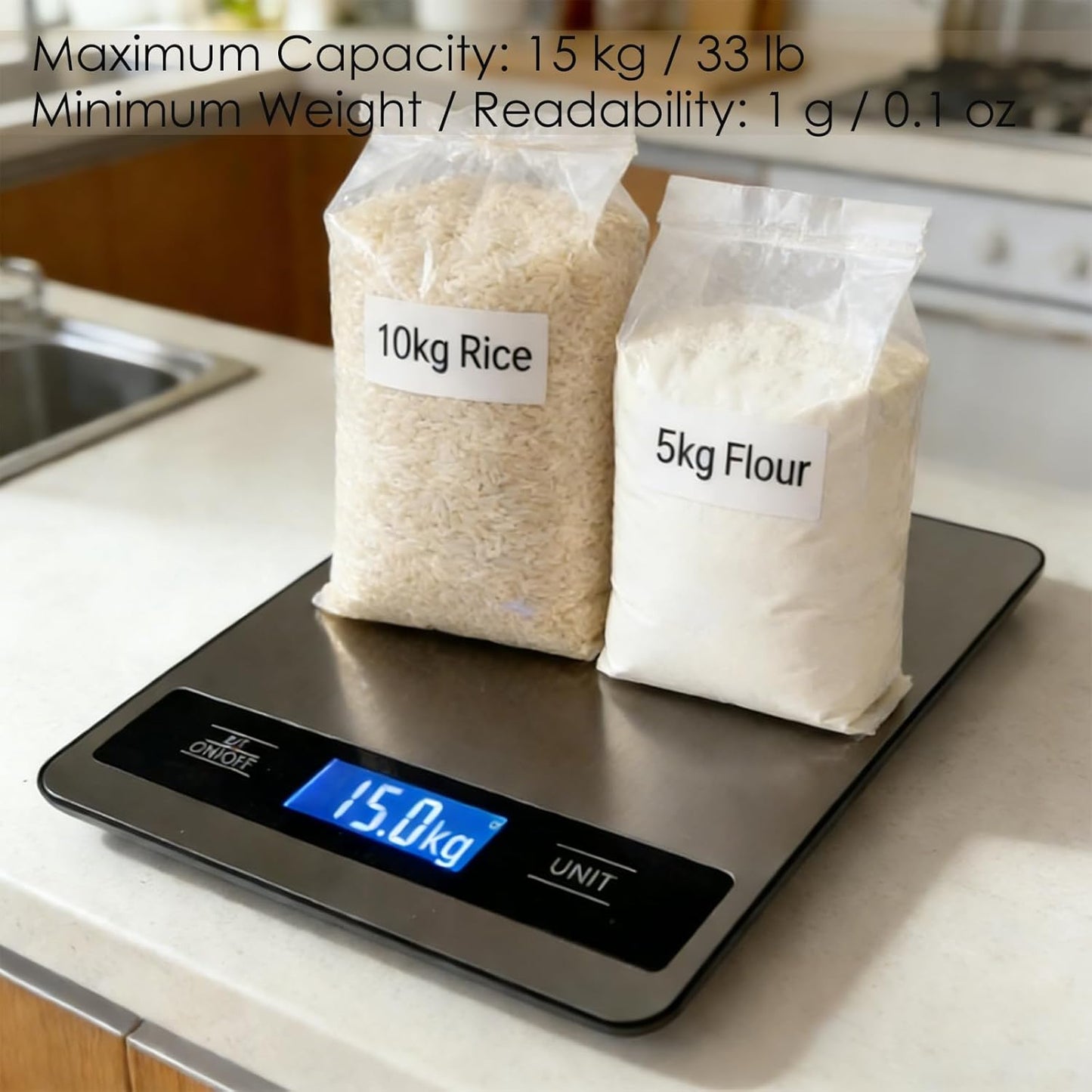 Skiennix Digital Food Kitchen Scale - 33lb/15kg Capacity, 1g Precision, Stainless Steel Panel, Easy-Tare | Silver