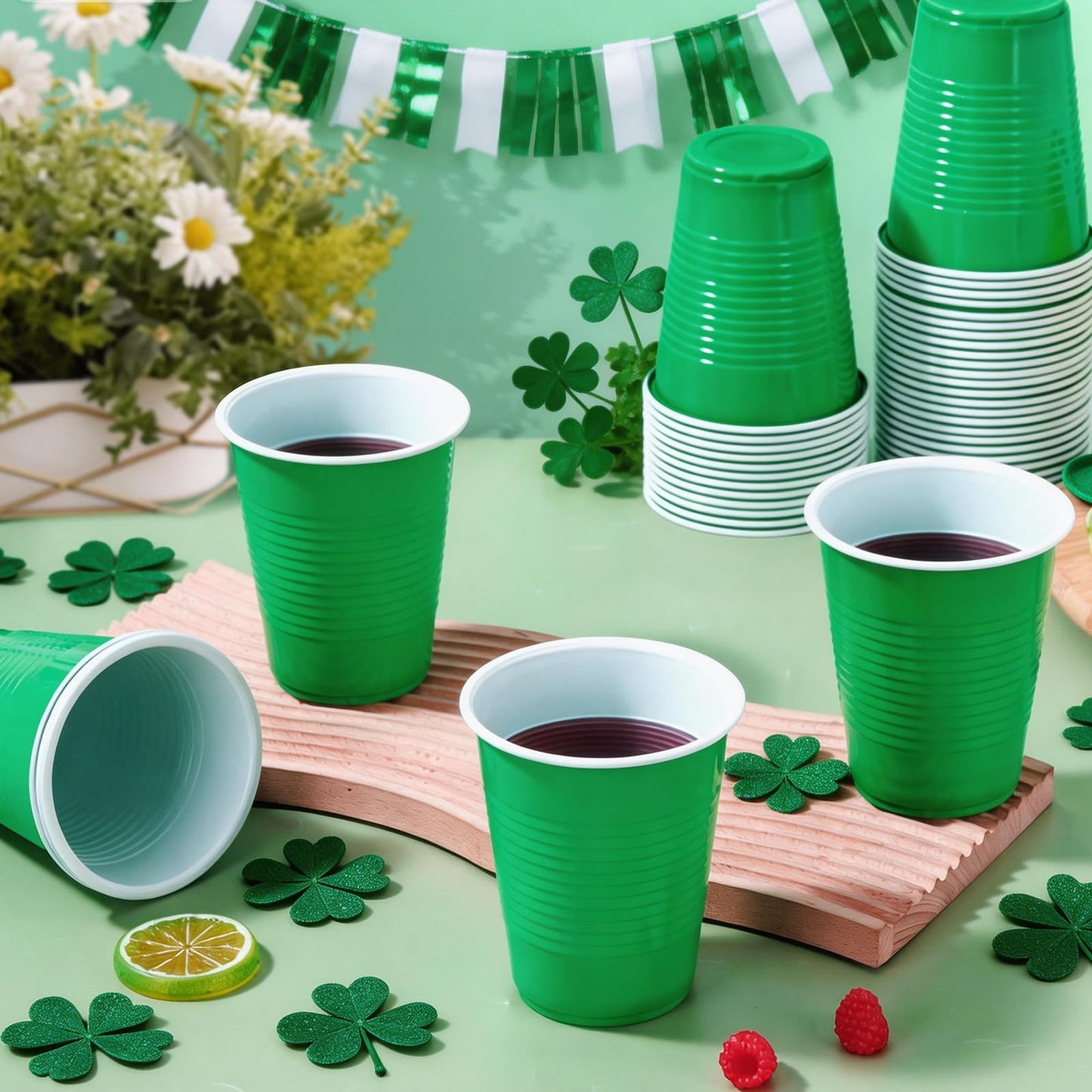 Dualshine 100 Pack Green Plastic Cups 18 oz, Disposable Heavy Duty Drinking Cups for St Patrick's Day, Graduation Cup for Christmas Wedding Birthday Beer Taste Serving Snack Sample Tastings Barbecues