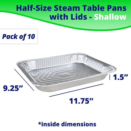 IDL Packaging Half-Size Aluminum Steam Table Pans - Shallow Disposable Foil Pans with Lids | 13" x 11" x 1.5" (Pack of 10) for Grilling, Roasting, and Baking