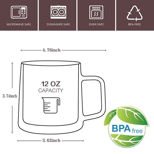 CNGLASS 12oz Glass Coffee Mugs,Double Wall Insulated Glass Cups with Handle,Clear Espresso Mugs for Latte,Cappuccino,Tea Bag,Set of 2