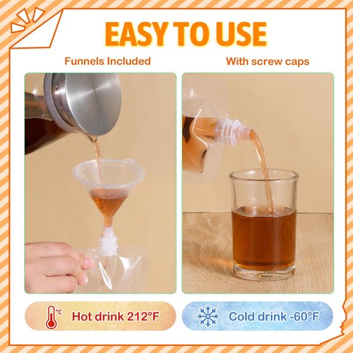 100 PCS Portable Plastic Pouches Bulk Reusable Plastic Juice Pouch Clear PET Squeeze Liquid Pouches Leak Proof Water Drink Bags with 2 Foldable Silicone Funnels for Women Men Party Travel, 3.5 Oz
