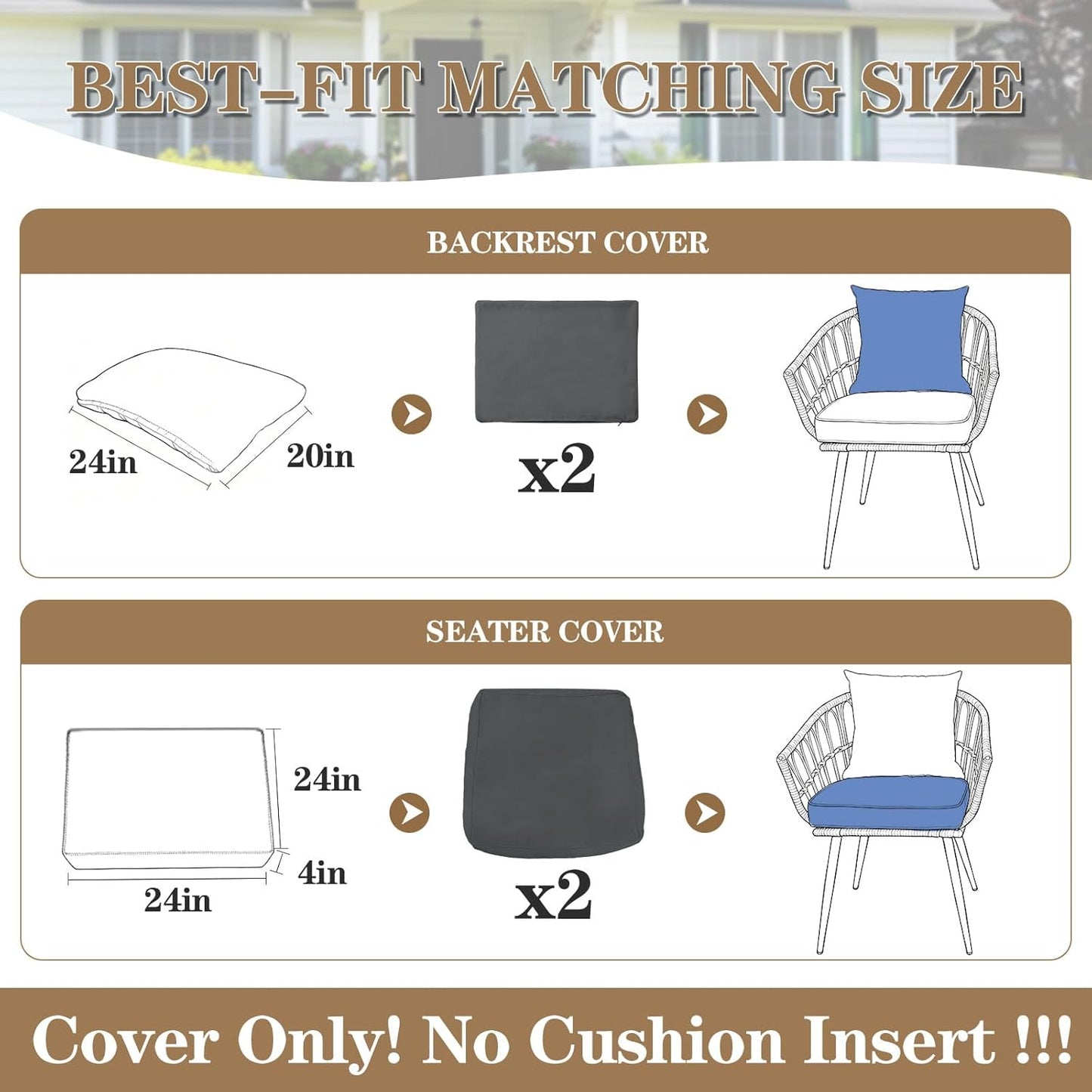 Skiennix Patio Cushion Covers - 4PCS Splash-Proof Deep Seat Slipcovers for Outdoor Furniture | Grey