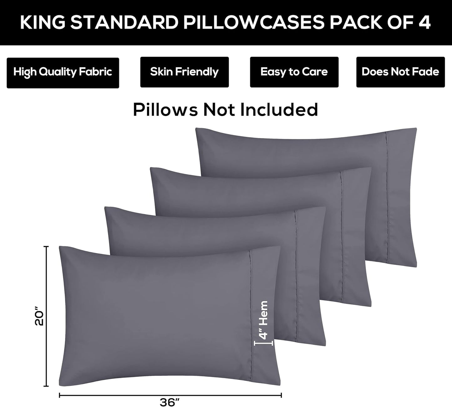 Utopia Bedding King Pillow Cases - Soft Brushed Microfiber - 4 Pack, 20 X 36 Inches | Fade Resistant, Grey