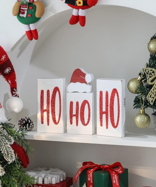 Ho Wood Christmas Blocks - Festive Wooden Tabletop Signs for Holiday Decor | Set of 4 (White)
