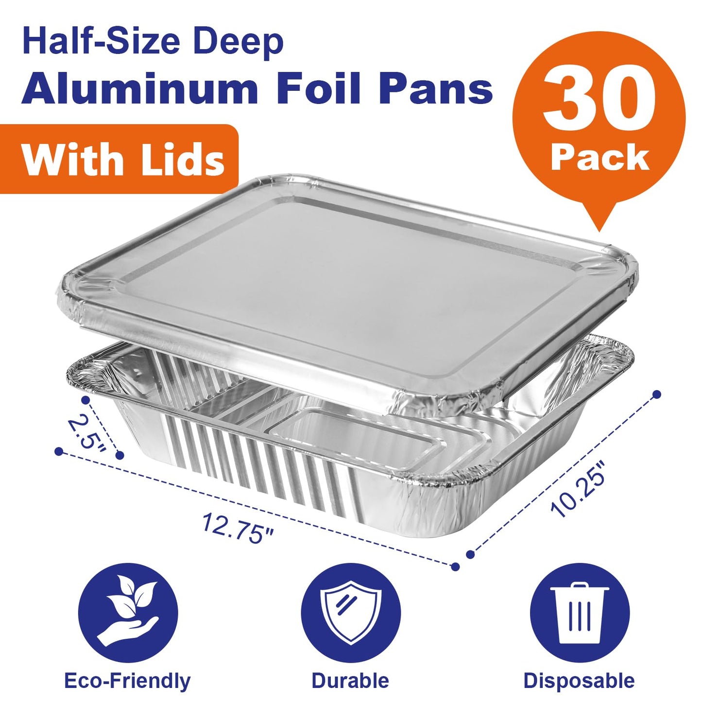 9x13 Aluminum Pans with Lids, 30 Pack Extra Heavy Duty Large Foil Pans, Disposable Aluminum Trays for Baking, Cooking, Roasting Turkey, Food Prepping