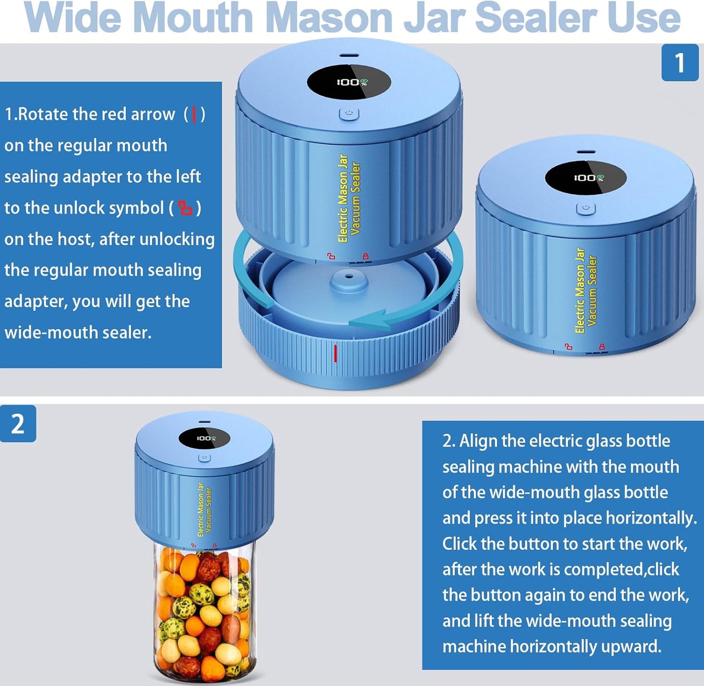 LOVE MOMENT Electric Mason Jar Vacuum Sealer Kit - Blue for Wide & Regular Mouth Jars