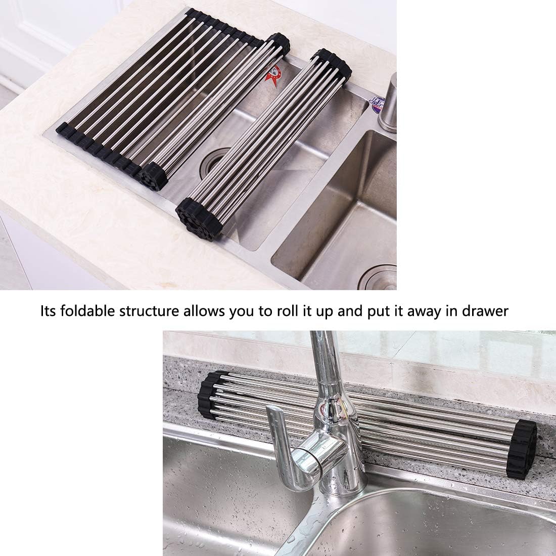 Skiennix Over The Sink Dish Drying Rack - 304 Stainless Steel, Foldable & Easy to Store | 17.7" x 16" - Black