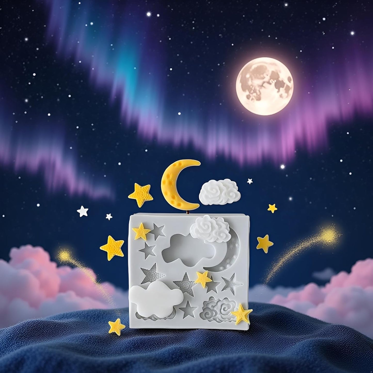 3Pcs White Star Moon Clouds Shaped Silicone Fondant Molds, Candy Chocolate Molds for DIY Cake Fondant Cookie Cloud Fondant Mold Moon For Candy Baking Sugar Cakes Decorating Candy Making Supplies